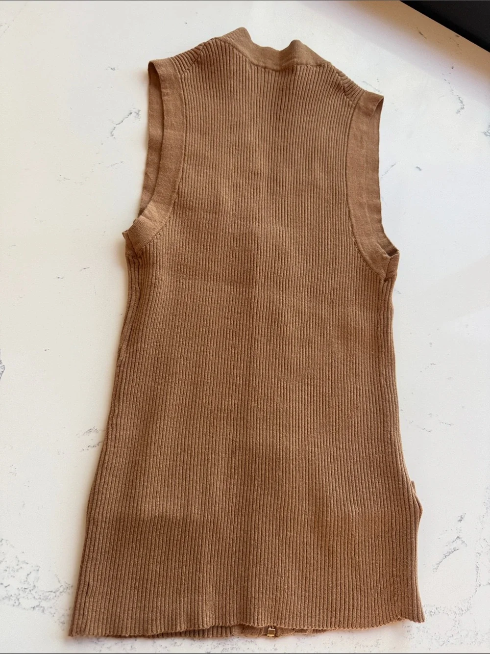 Prada Ribbed Knit Sleeveless Zip Vest Cardigan Brown Camel Leather Logo Plaque